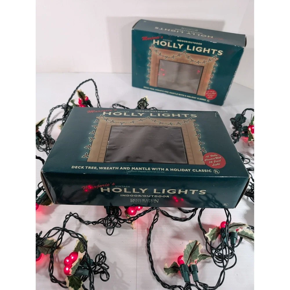 2x Restoration Hardware Marjorie's Vintage Holly Lights Red Berry Christmas 12ct